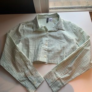 H&M Cropped Checkered Green and White Long-sleeve Top